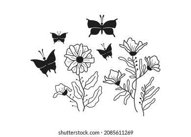 Vector creative illustration for your design projects and solutions. Set of flowers, wild plants and butterflies
