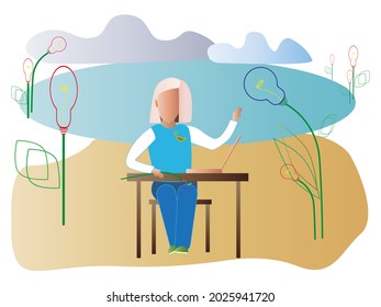 Vector creative image of a girl with ideas light bulbs. Creative content, blog or opinion posting. Author, creator of the idea.