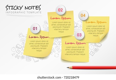 Vector Creative Infographic Template With Four Sticky Notes And Hand Drawn Doodles In The Background