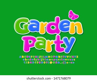 Vector creative invitation Garden Party with decorative butterfly. Colorful comic Font. Bright Alphabet set