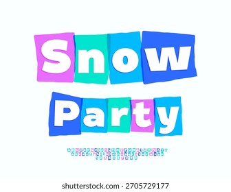 Vector Invitación creativa Snow Party. Colorido bloque de fuente. Letras y números del alfabeto de los niños brillantes. 