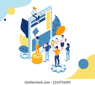 Vector creative isometric flat business illustration. small people work as a team on a seo on a tablet. design layout programming and development of programs for mobile platforms. teamwork is the idea