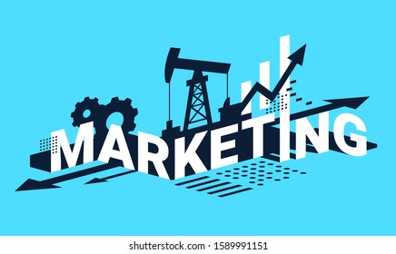 Vector creative isometric illustration of word marketing with oil derrick and financial growth bar graph on blue background. Flat style business marketing design for web, site, banner, presentation