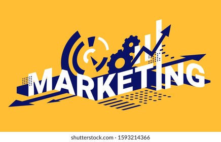 Vector creative isometric illustration of word marketing with financial growth bar graph and arrow on yellow background. Isometric style business marketing design for web, site, banner, presentation