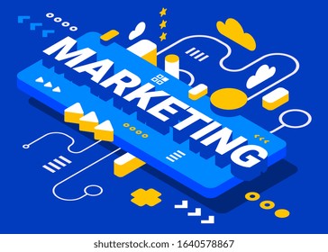 Vector creative isometry business illustration with word marketing and geometric elements on blue color background. Isometric style design for web, site, banner, poster, presentation