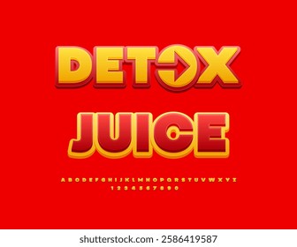 Vector Creative label Detox Juice with Decorative Arrow. Yellow and Red Cute Font. Decorative Alphabet Letters and Numbers set.