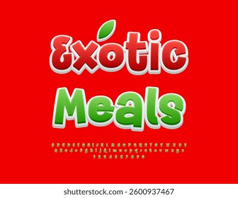 Vector Creative label Exotic Meals. Bright Green Font. Unique Handwritten Alphabet Letters and Numbers set.