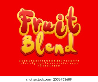 Vector creative label Fruit Blend. Bright Playful Font. Artistic Alphabet Letters and Numbers set.