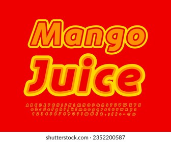 Vector creative label Mango Juice. Red and Yellow Bright Font. Modern Alphabet Letters and Numbers set