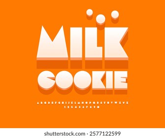 Vector Creative label Milk Cookie with 3D Decorative Font. Big White Digital Alphabet Letters and Numbers. 