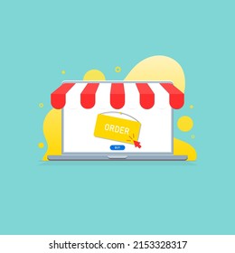 Vector creative laptop design, Shopping online on laptop, Digital marketing illustration.