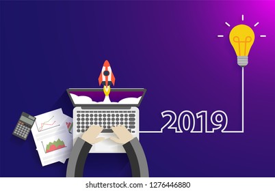 Vector creative light bulb idea 2019 new year startup idea concept, With businessman working on laptop computer PC