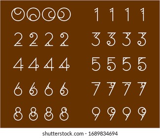 Vector creative line art numbers set.
4 alternatives vector flat designs for all numbers.