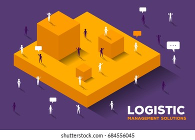 Vector creative logistic concept on dark background. Illustration of large isometric yellow cubes and group of connecting business people with speech bubbles. Stylish design for business presentation, - Powered by Shutterstock - Get 15% off with code: PIKWIZARD15
