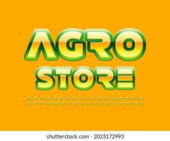 Vector creative logo Agro Store with Yellow and Green Alphabet Letters and Numbers. Shiny modern Font