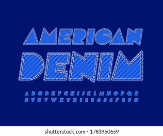 Logotipo criativo do vetor American Denim. Fonte Blue Jeans. Letras e números abstratos alfabéticos com pontos