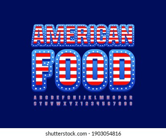 Vector creative logo American Food. USA flag Font. Bright set of Alphabet Letters and Numbers