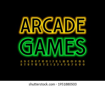 Vector creative logo Arcade Games. Electric glow Font. Set of Neon Alphabet Letters and Numbers