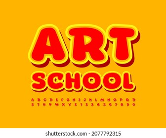 Vector creative logo Art School. Bright funny Font. Kids style set of Alphabet Letters and Numbers