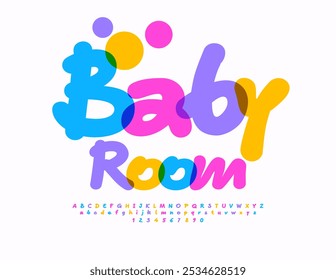 Logo creativo de Vector Baby Room. Fuente colorida divertida. Conjunto de letras y números del alfabeto de niños brillantes.