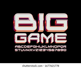 Vector Creative Logo Big Game With Textured Font. White And Pink Metal Alphabet Letters And Numbers