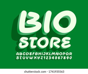 Vector creative logo Bio Store with Green Handwritten Font. 3D Alphabet Letters and Numbers set