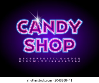 Vector creative logo Candy Shop. Bright illuminated Font. Funny Neon Alphabet Letters and Numbers set