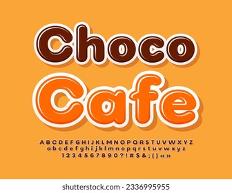 Logo creativo del vector Choco Cafe. Montaje moderno y brillante de letras alfabéticas y símbolos. Fuente marrón brillante