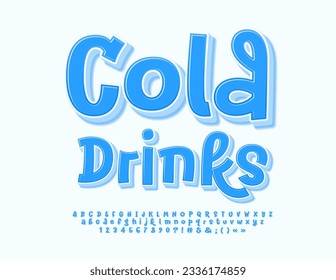 Vector creative logo Cold Drinks. Playful Blue Font. Handwritten 3D Alphabet Letters and Numbers.