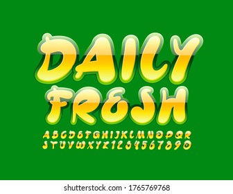 Logo creativo vectorial Daily Fresh. Fuente brillante verde y amarilla. Letras y números alfabéticos artísticos