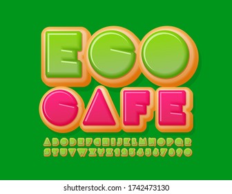 Vector creative logo Eco Cafe with Green Glazed Font. Donut Cake Alphabet Letters and Numbers