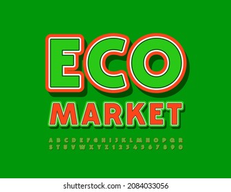 Logotipo creativo vectorial Eco Market con fuente brillante. Estilo de pegatinas Colocación de letras y números de alfabeto rojo y verde