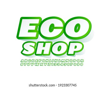 Vector creative logo Eco Shop with White and Green Font. Sticker set of Alphabet Letters and Numbers
