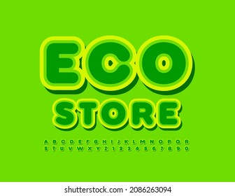 Logotipo creativo vectorial Eco Store con letras y números de alfabeto verde. Fuente brillante adhesiva
