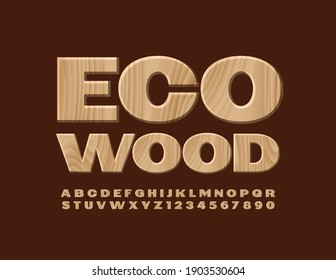Vector creative logo Eco Wood. Tree texture Font. Natural pattern Alphabet Letters and Numbers set