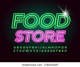 Vector creative logo Food Store. Neon Green Font. Glowing light Alphabet Letters and Numbers