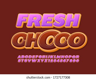 Vector creative logo Fresh Choco with Glazed Font. Sweet Donut Alphabet Letters and Numbers