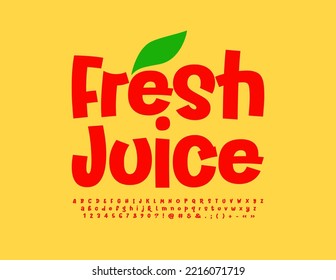 Vector creative logo Fresh Juice. 
Playful Red Font. Modern Alphabet Letters and Numbers set