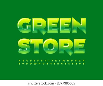 Vector creative logo Green Store with Glossy unique Font. Gradient colored Alphabet Letters and Numbers set