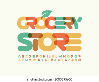 Vector creative logo Grocery Store with Decorative Leaf. Trendy artistic Font. Watercolor Alphabet Letters and Numbers set