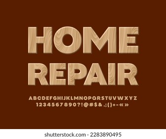 Logotipo creativo vectorial Reparación del hogar con Letras, números y símbolos de alfabeto de madera. Fuente de patrón natural