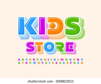 Vector creative logo Kids Store. Cute colorful Font. 3D childish Alphabet Letters and Numbers set