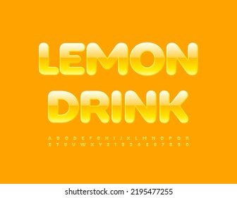 Vector creative logo Lemon Drink.  Stylish Yellow Font. Glossy Alphabet Letters, Numbers and Symbols set