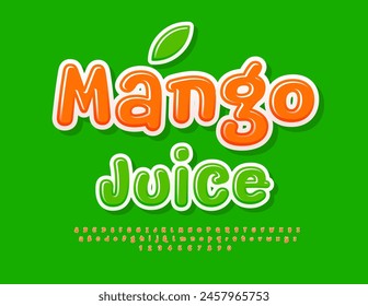 Vector creativo logo Jugo de mango. Fuente manuscrita juguetona. Conjunto de letras y números de alfabeto brillante divertido