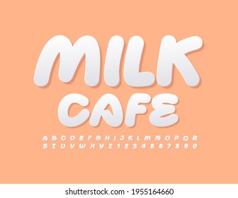 Vector creative logo Milk Cafe. Simple white Font. Modern set of Alphabet Letters and Numbers