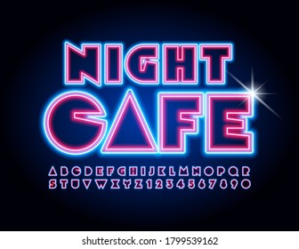 Vector creative logo Night Cafe with Neon abstract Font. Glowing bright Alphabet Letters and Numbers