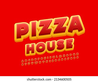 Vector creative logo Pizza House. Bright rotated Font. Red and Yellow Alphabet Letters and Numbers set