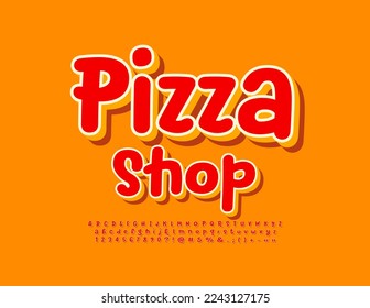 Vector creative logo Pizza Shop. Red and Yellow 3D Font. Bright Artistic Alphabet Letters and Numbers set