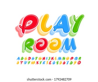 Vector creative logo Play Room. Colorful artistic Font, Handwritten Bright Alphabet Letters and Numbers