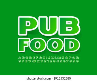 Vector creative logo Pub Food. Sticker style Font. Green and White Alphabet Letters and Numbers set